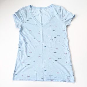 Blue Cotton Swimmer Print V Neck T shirt EUC Sz S